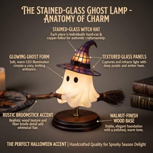 CENGNIAN Halloween Ghost Figurine Statue, Cute Ghost on Broomstick with Stained Glass Witch Hat 3D Night Light, Tabletop Ornament Decoration, Cartoon Gifts Sculpture for Halloween Decorationn