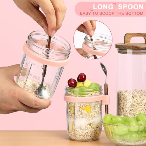 Image of Jars for Overnight Oats, Cereal, Yogurt, fruit,Salad Lunch Container with Measurement Marks16 oz Glass acity Wide Mouth Mason MultiColor 2 Pack (Grey&White-2Pcs)