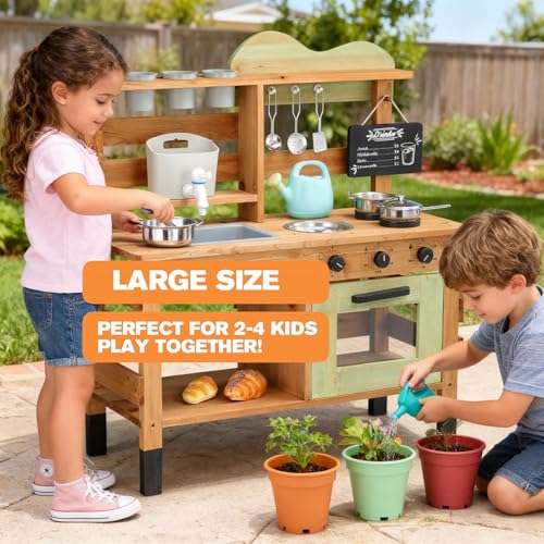M MEEPO Outdoor Mud Kitchen for Kids, Wooden Play Kitchen with Water Tank, Planting Area, Oven, Stove, Large Play Kitchen Outdoor for 2-4 Kids, Backyard Pretend Gfit Toy for Boys Girls, Age 3+