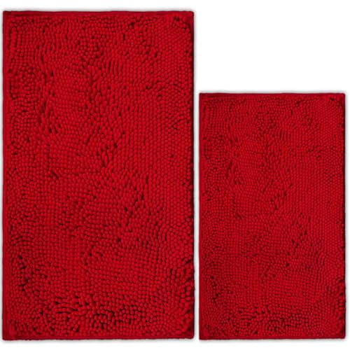 AINAHYVA Bathroom Rugs Chenille Bath mat 2 Piece Set, Super Absorbent, Strong PVC Non Slip Backing, Bath mats for Bathroom, Plush Shaggy, Thick, Machine Washable, Bathtub, Toilet.(Red)