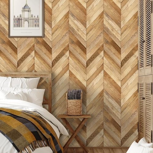 HLNIUC Herringbone Wood Wallpaper Wood Grain Peel and Stick Self Adhesive Contact Paper 44x300cm Wooden Wall Vinyl Wrap Vintage Herringbone Textured Natural Wallpaper for Living Room Bedroom Furniture