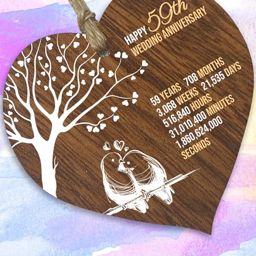59th Wedding Anniversary Wooden Heart Plaque, Dark Wood Sign Keepsake, Celebrate Anniversary Wife Husband Boyfriend Girlfriend, Plaque with Quotes Gifts from the Kids