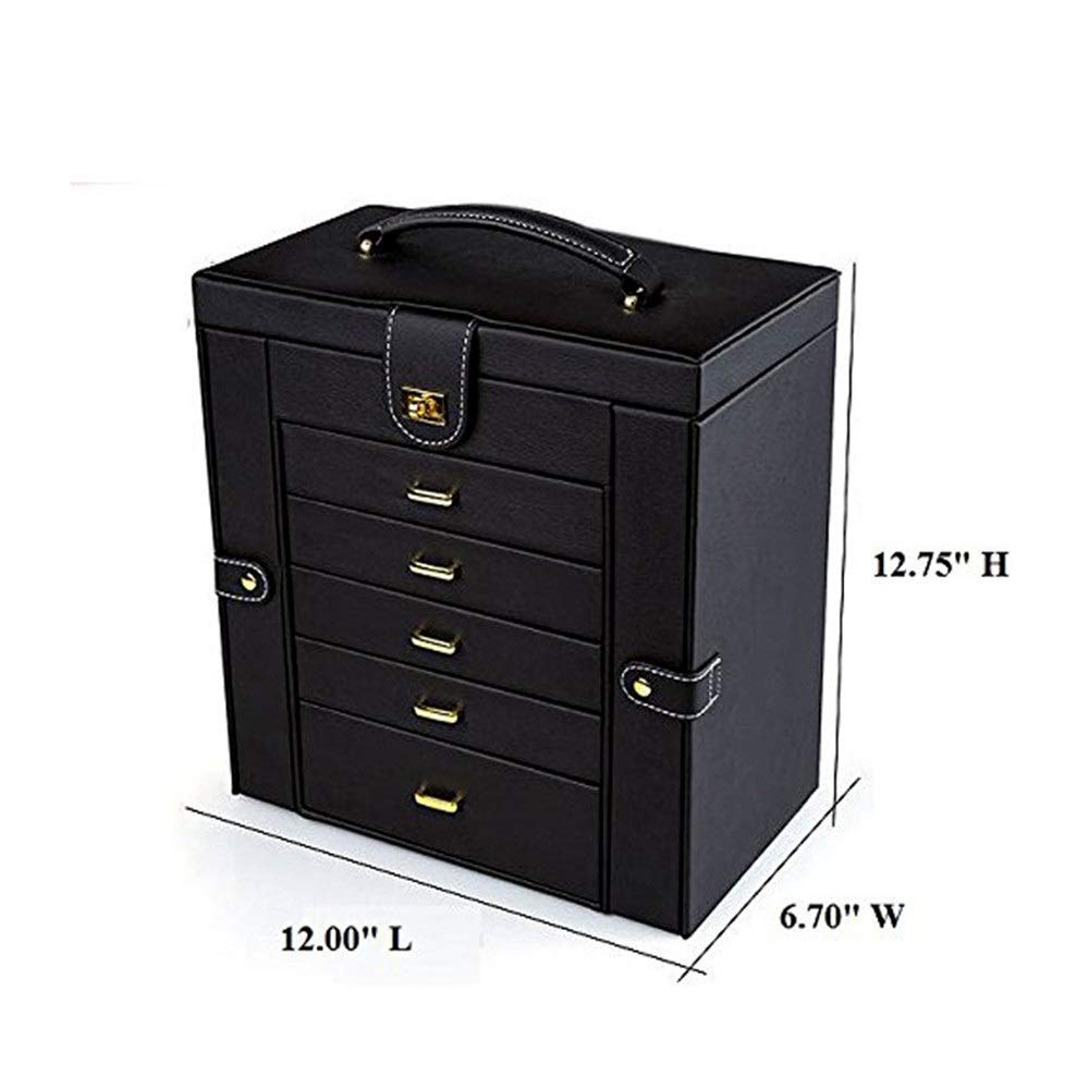 Caja de Almacenamiento de Joyas de Cuero Negro para Collares. Ofrece Cuatro Capas con Cierre de Seguridad para Guardar Joyas.