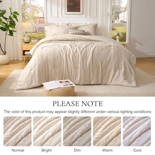Image of Queen Comforter Set - Bed in a Bag Boho Summer Bed Set, 7 Pieces Soft Fluffy Lightweight Queen Comforter for All Seasons,Gifts for Woman, Farmhouse Shabby Chic Embroidered Bedding