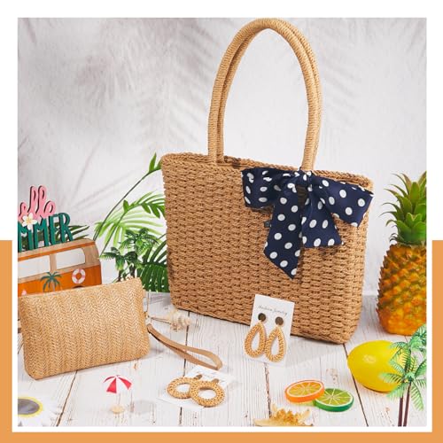 Abbylike Straw Bag for Women with Straw Clutch Purse 2 Pair Rattan Earring Boho Woven Zipper Handbag Beach Bag with Polka Dot Bowknot for Summer Travel Vacation4