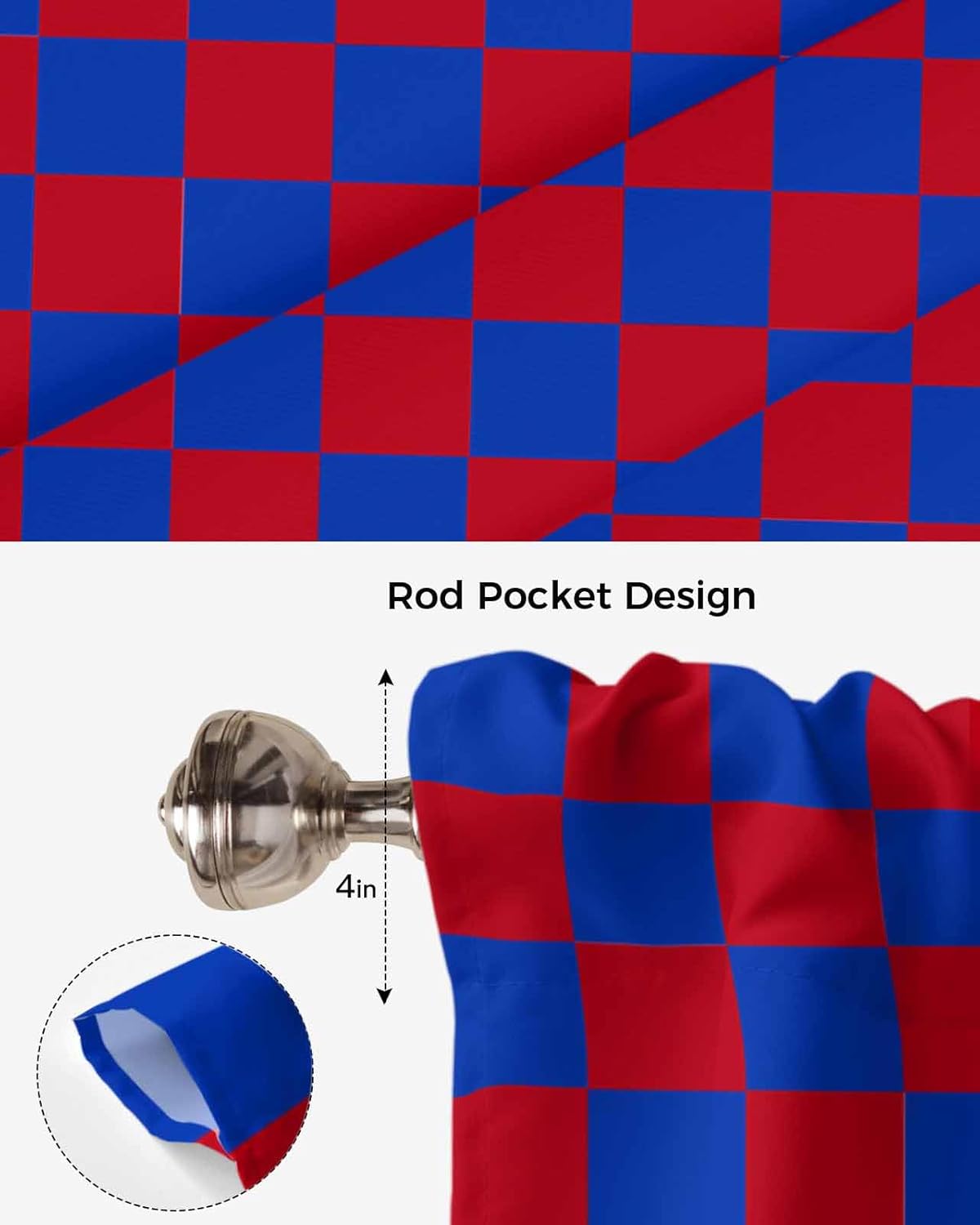 Independence Day Tie Up Curtains for Windows Classic Red Blue Flag Plaid Rod Pocket Tie-Up Window Shade Adjustable Balloon Curtain Valance Geometric Art for Bedroom Kitchen Bathroom Blinds,42x54in
