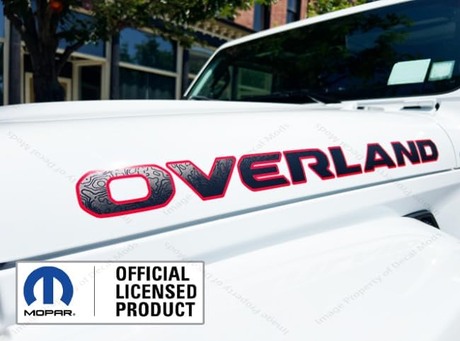 Decal Mods Overland Hood Graphic Vinyl Decal fits Jeep Wrangler JL/JT (2018-2025) Matte Black with topo Lines and red Outline (Set of 2) - CR | UV1A3