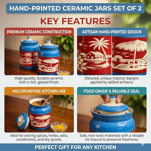 Image of Ceramic Handmade Pickle Jars in 1000ml (set of 2) | Handpainted Floral Bale 1 kg Achaar Martban | Ceramic Jadi for Kitchen Storage (Set of 2) | Jars for Achar, Spices, Salt (HandPainted Scenery Jars)