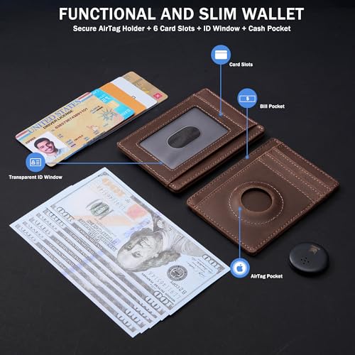 Hawanik Wallet with Airtag Holder Genuine Leather Wallets Slim Minimalist Card Holder RFID Blocking Card Wallet Compatible with AirTag2