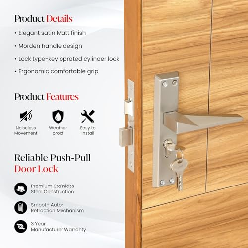 Image of LAPO Mortise Door Lock for Home Main Door & Bedroom with Handle, Left-Right Fit 30-50mm Door Home Office Hotel, Heavy-Duty 60mm Cylinder, 45x45mm Body, 3 Brass Keys | Matt Finish | CY-136