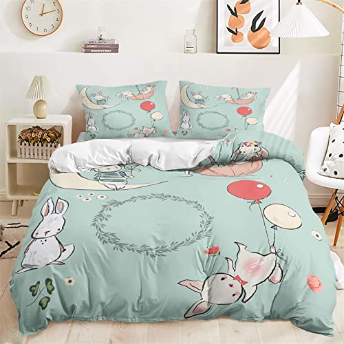 Mateju Sets de Housse de Couette Adulte Enfant, Lapin Imprimé Parure de Lit 1/2 Personnes avec Housse de Couette en Microfibre et 2 x Taie d'oreiller (140x200cm,Lapin Ballon)