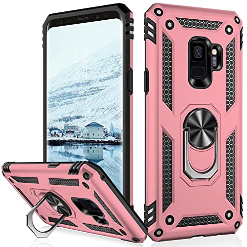 IKAZZ Funda para Galaxy S9, de grado militar, a prueba de golpes, resistente a prueba de caídas de 16 pies, con soporte magnético para Samsung Galaxy S9, color oro rosa