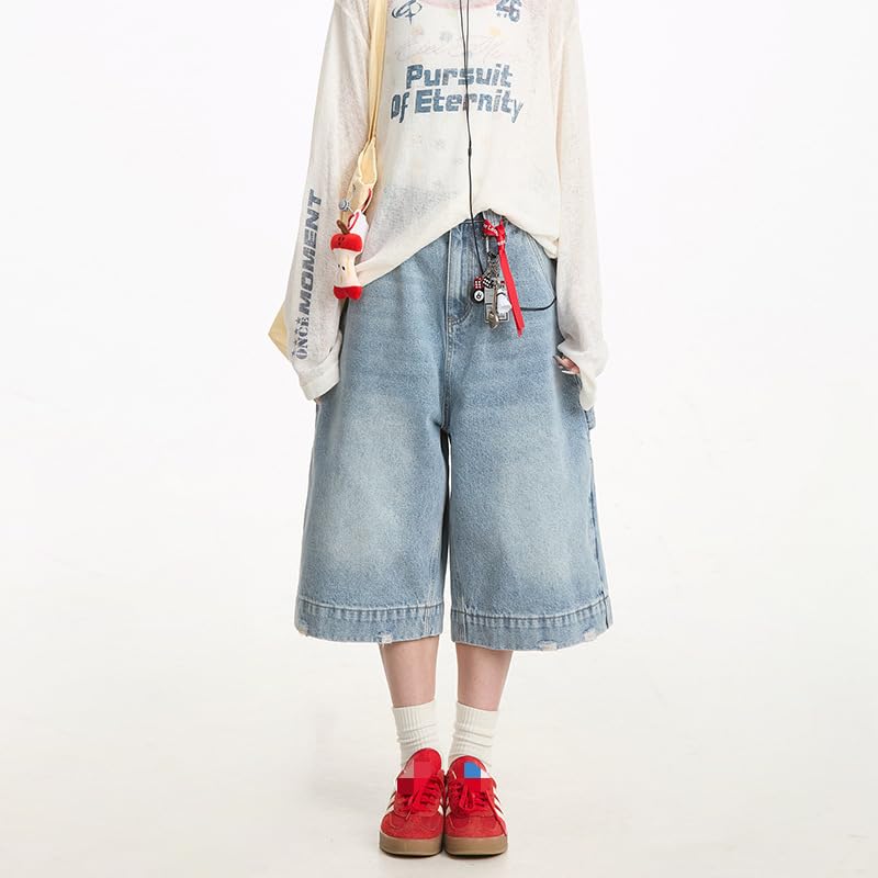 Womens Baggy Cropped Jeans Casual Wide Leg Mid Waisted Vintage Blue Denim Pants Oversized Y2K Boyfriend Streetwear2
