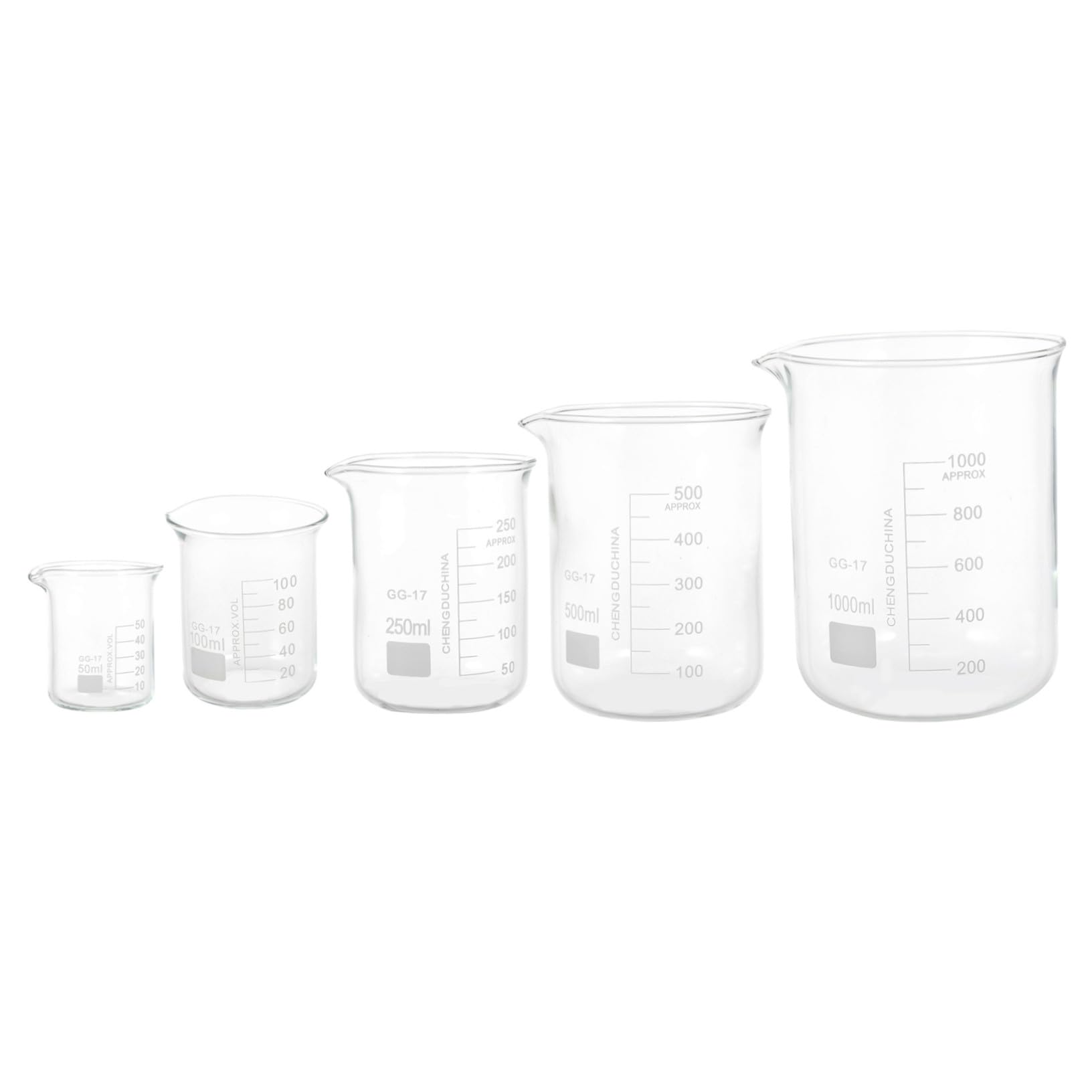 PLAFOPE Vasos de Precipitados de Vidrio Graduado, 5 Piezas para Laboratorio | Tazas Medidoras Transparentes, Porta Líquidos a Escala, Decoracion Colegio