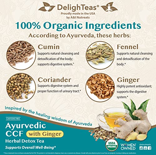Delighteas Organic Digest & Detox Ccf Tea With Ginger | Ayurvedic Cumin, Coriander, Fennel, Ginger Loose Leaf Tea For Digestion | Usda Organic, Non-Gmo, Caffeine Free, Sugar Free | 40 Servings, 3Oz #TOP3