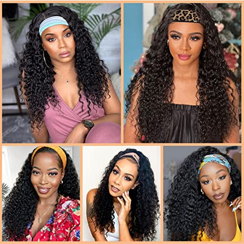 Headband Wig Curly Deep Wave Headband Wigs For Women Black Wet And Wavy Synthetic Ombre Colored Headband Wig With Headband Attached Glueless Half Wig 180% Density Nature Wigs For Daily Use 18 Inch 1B #TOP3