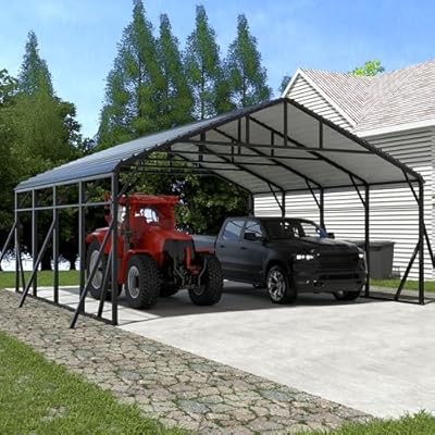 Xilingol Metal Carport, Heavy Duty Carport Canopy with Galvanized Steel Frame and Roof, Outdoor Storage Shed, Car Tent Garage Shelter for Pickup, Truck, Boat and Tractor (20x20 FT Black)
