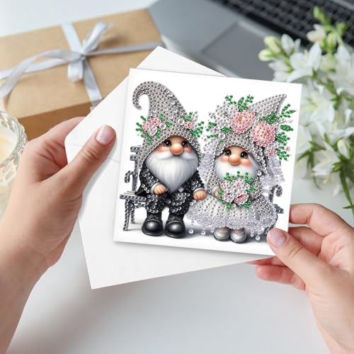 Image of AiYuanzsh Set of 6 Gnome Diamond Painting Greeting Cards - 5D DIY Craft Kits for Handmade Bride and Groom Cards, Perfect for Wedding Gifts and Anniversaries