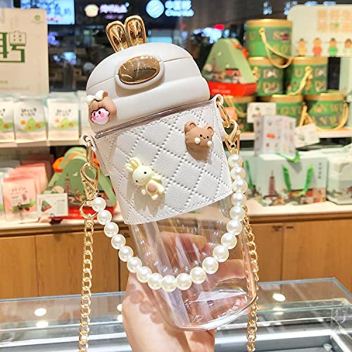 Bodymart Kawaii Water Bottle, Rabbit Water Glass With Pearl Chain, Cute Water Bottles Kawaii, Animal Water Bottle (White) #TOP4