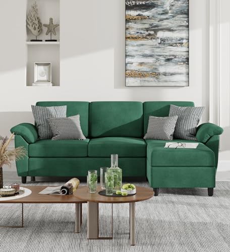 Vongrasig 79" Convertible Sectional Sofa Couch, 3 Seat L Shaped Sofa with Removable Pillows Linen Fabric Small Couch Mid Century for Living Room, Apartment and Office, Green