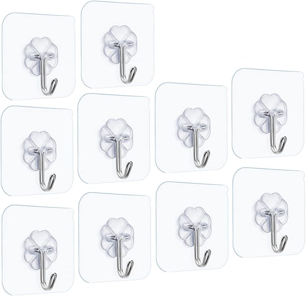 Self Adhesive Hooks Strong Stick on Hooks Sticky Hooks for Hanging Max 6.8kg/15lbs Transparent Nail Free Hooks Reusable Ceiling Hanger Waterproof and Oilproof -10 Pack