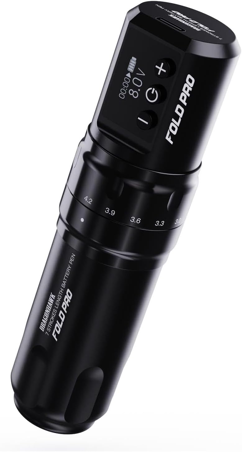 Dragonhawk Fold Pro Kablosuz Dövme Makinesi Kalemi 7 Vuruş Uzunluğu 2.4-4.2mm, Profesyonel Dövme Sanatçıları için 1500mAh Pil