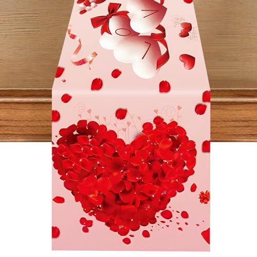 Coeur d'amour Rouge Chemin de Table, Pétales de Rose Ballons Chemin de Table de Saint Valentin, Rectangulaire Chemin de Table Décoration pour Noël Fête...