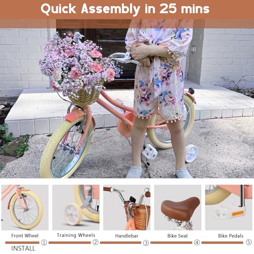 Image of Glerc Little Molly 12-20 Inch Kids Retro Cruiser Bike for 2-13 Year Old with Wicker Basket & Training Wheels /Kickstand, Multiple Colors