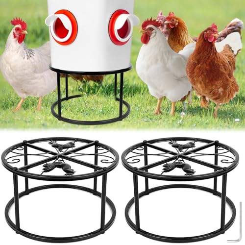 2 PCS Metal Stand for Chicken Feeder Waterer, Heavy Duty Chicken Feeder Stand Holder, Round Support Rack with 4 Rust-Resistant Iron Legs, Buckets Stand for Coop Poultry Indoor Outdoor Use, Black