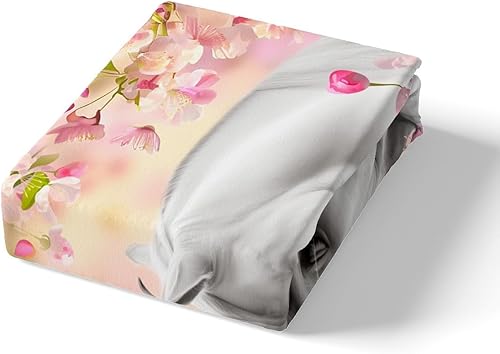 Miniatura 4 de Manfei Decoración de caballo blanco, funda de edredón con flores de durazno rosa para niños, niñas, adolescentes, temática de animales salvajes,