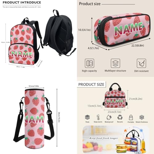 Red Strawberry Student Backpacks, Cartoon Fruit School Bookbag for College Laptop Backpack, Pink Lunch Bag Water Bottle Holder 4 Set Pen Bags3