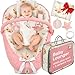 Portable Baby Play Lounger for Supervised Floor Time w/Removable Toy Arch & 3 Toys - Padded Play Area, Breathable Cotton Cover, Travel-Friendly - Awake-Time Only | 0-24 Months (Pink)