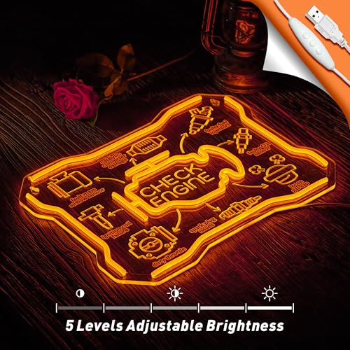 Image of Check Engine Light Neon Sign, Check Engine Light Commen Causes Issues List Decor for Man Cave Decor, LED Garage Wall Art, Funny Gifts for Car Guys & Dad, Auto Repair Shop Mechanics Workshop Sign, USB Powered,16.5x12.5in Inch