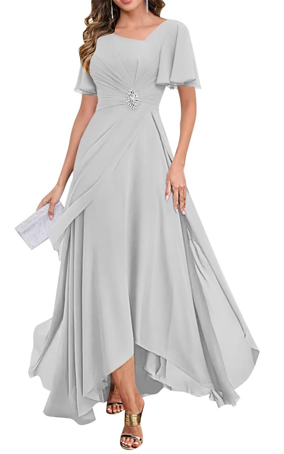 Yiann Women's Silver Chiffon Long Mother Of The Bride Dresses For With Sleeves Plus Size Formal Evening Dress Uk24