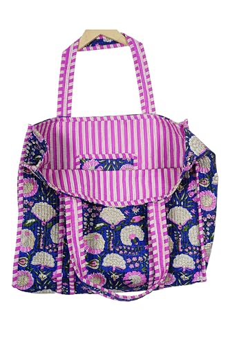 Image of Quilted Cotton Handprinted Reversible Large multicolor Floral Tote Bag,Hand Block Print Shopping Shoulder Carry Bag