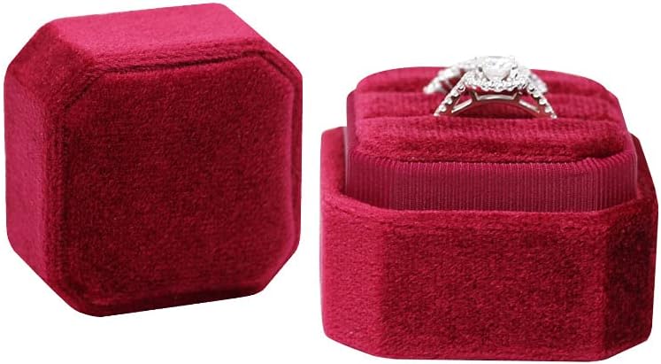 BLUTETE Square Octagon Ring Box 2 Slots Wedding Engagement Ring Set Keepsake Box Bridal Photo Gift Box (Red) - Image 3