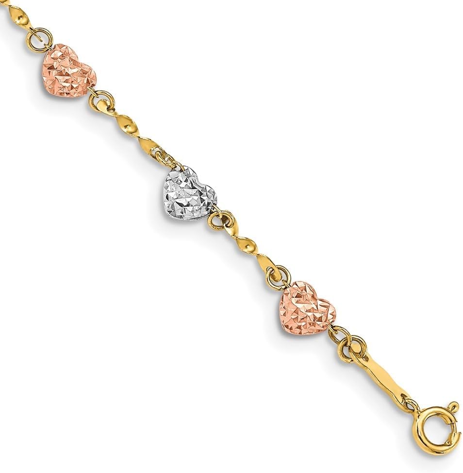 14K Tri-Color Gold Diamond-cut Puff Heart Chain Bracelet 6" to 8"
