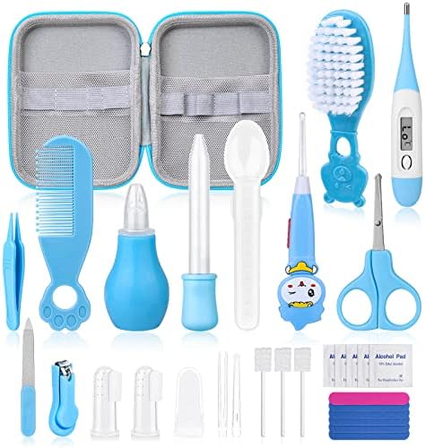 28Pcs Baby Healthcare and Grooming Kit modacraft Baby Safety Set with Hair Brush Lighting Ear Cleaner Nail Clippers Scale Measuring Spoon for Nursery Newborn Baby Girls Boys Kids Blue