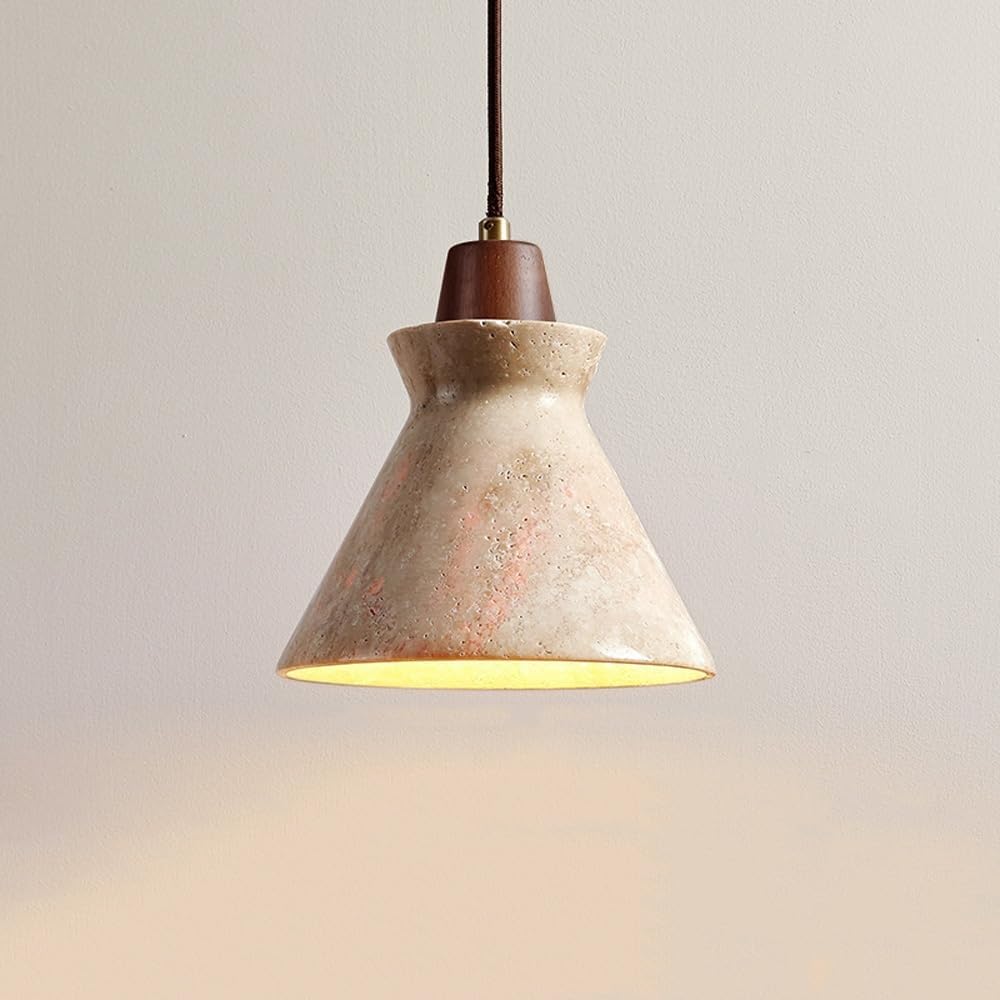COSRUB Nordic Small Travertine Hanging Lamp, Cone Natural Stone Chandelier Light Japanese Farmhouse Pendant Lighting for Bedroom Bedside Kitchen Island Bar(Walnut)