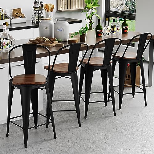 Image of Andeworld 30 Inch Swivel Bar Stools Industrial Metal Barstools High Back Dining Bar Chairs Counter Height Stools with Wooden Seat Set of 4(30inch, Black)