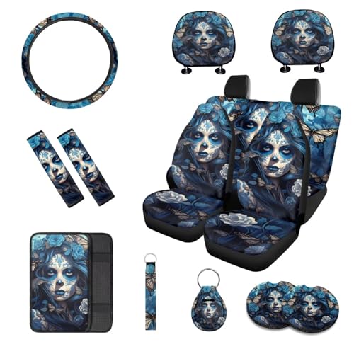 Image of Rucaresri 13 Pcs Sugar Skull Girl Car Seat Covers with Steering Wheel Cover, Seat Belt Covers Cup Holder Keychain, Blue Automotive Protector Set Unverisal Fit Cars SUV Turcks