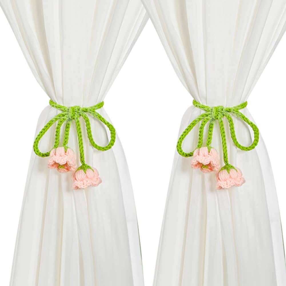 WAYUTO Pink Flower Curtain Tiebacks Handmade 2Pcs Adjustable Green Floral Tie Backs for Curtains Drapes Window Fancy Cute Creative Curtain Buckle Strap for Home Office Bedroom Decorative