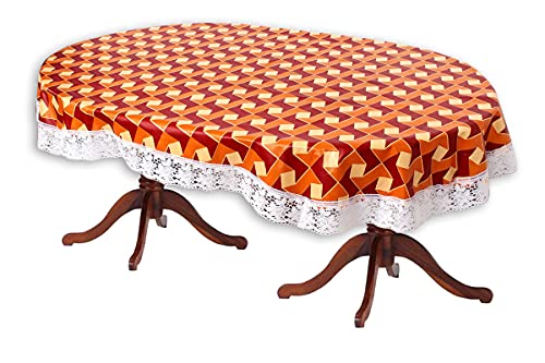 Image of The Furnishing Tree Waterproof PVC Oval Shaped Center Table Cover WxL 40x60 inches Frieze Pattern Orange with White Border lace