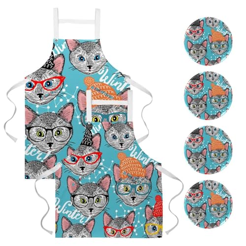 Tablier de cuisine imprimé chats avec 4 broches, style multicolore One