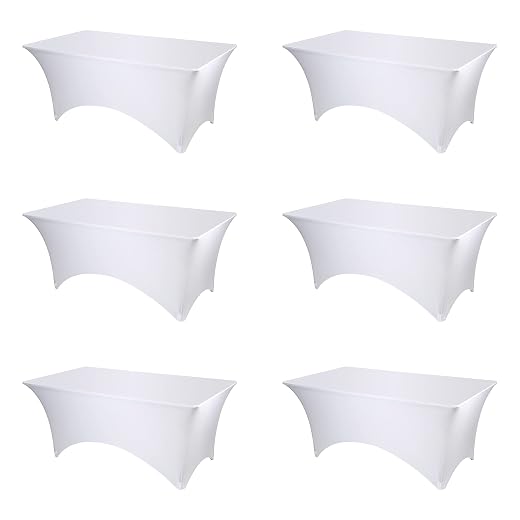 BRILLMAX 6 Pack White Fitted Spandex Table Covers - 6Ft Stretch Tablecloths for 6 Foot Rectangle Folding Tables Rectangular Bulk Linen Fabric Elastic for Wedding Banquet Party Buffet Display