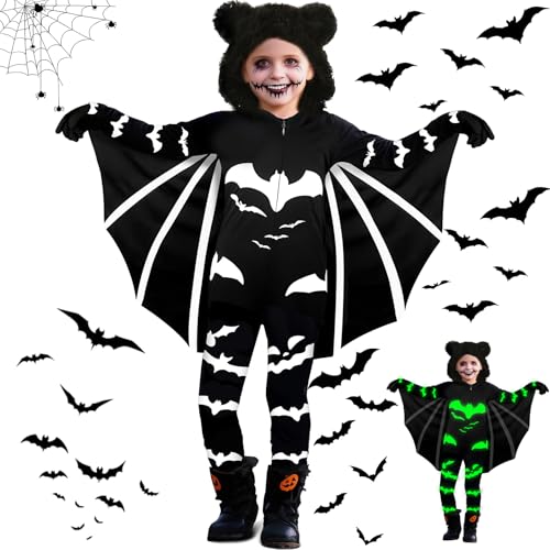JEDWKFA Disfarce morcego para crianças, disfarce morcego para crianças que brilha no escuro, disfarces de Halloween criança com luvas, para o Halloween carnaval, festas temáticas, cosplay, 140 cm