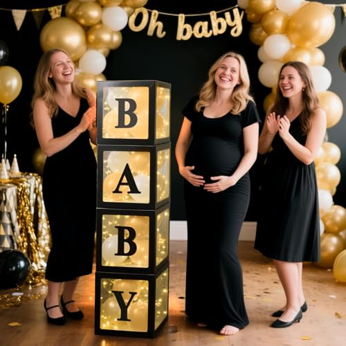Image of Ledido Baby Boxes with Letters for Baby Shower Decorations, 4 pcs Clear Baby Balloon Boxes Blocks Decor with LED Fairy String Lights for Boy Girl Gender Reveal Decorations Backdrop Party (Black)