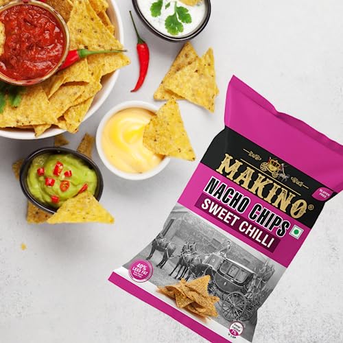 Image of Makino Corn Chips Nachos Sweet Chilly Flavor (Pack of 3 x 150g) | Healthy Snacks with 40% Less Fat | Crunchy & Fresh Corn Nachos | Gluten-Free, No MSG, Zero Trans Fat