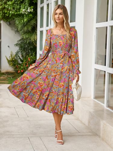Image of Simplee Womens Long Sleeve Maxi Dress Casual Square Neck Smocked Flowy Fall Wedding Guest Dresses