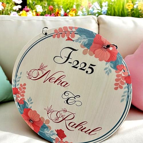 Image of P Arts Personalized Door Name Plate for Home Entrance Round Shaped 10x10 Inch Name plate for home entrance, Door name plates MDF Wood, Black & White (Colorfull-03)